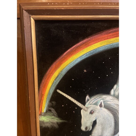 Fantasy unicorn Rainbow Velvet Painting 21 x27" Wood Frame Pegasus Signed - Picture 2 of 16
